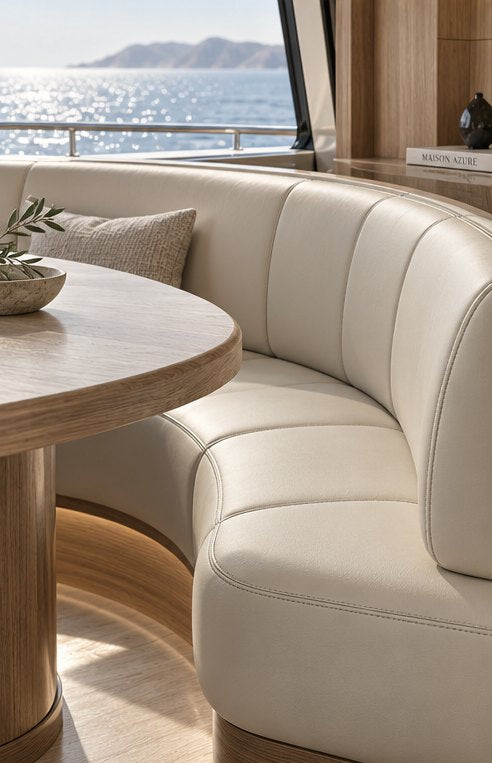 Design concept: ivory silicone-leather banquette beside an oak table and sea-facing yacht window