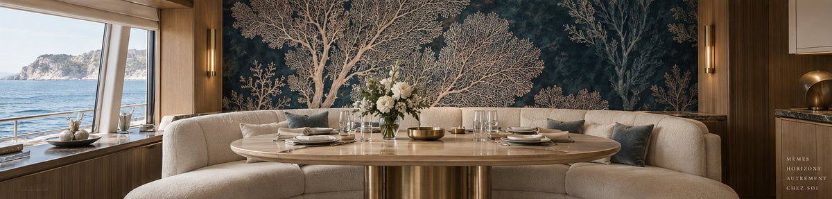 Design concept: a yacht dining salon with a large-scale Gorgone sea-fan mural above curved ivory seating and a light oak table
