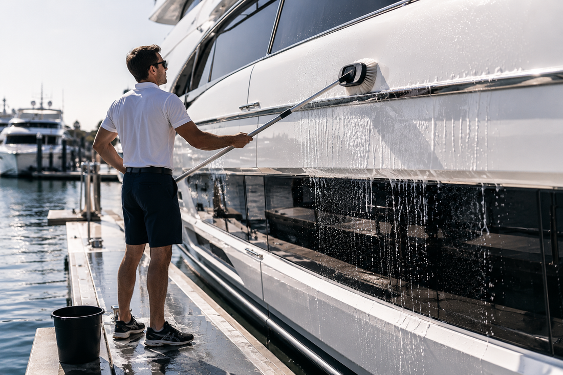 Crew member washing the topsides of a superyacht from the dock with a soft-bristle brush, water flooding down the hull