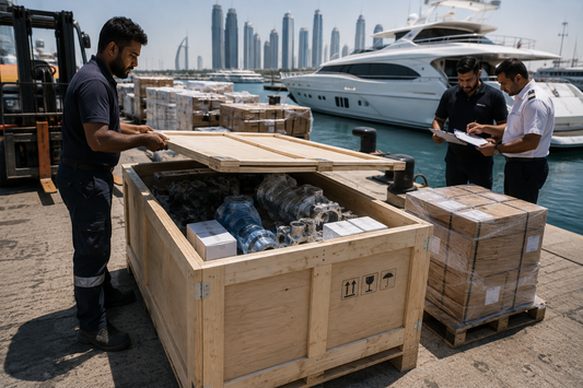Consolidated crate of marine spare parts being checked on a Dubai quayside, with shrink-wrapped pallets and a superyacht behind