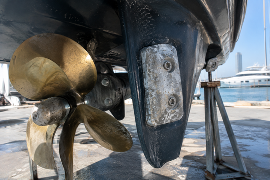 Partly consumed sacrificial anode bolted to a yacht hull beside a bronze propeller and shaft