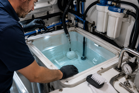 Yacht freshwater tank inspection hatch open for cleaning, with clean coated interior and inline filters alongside