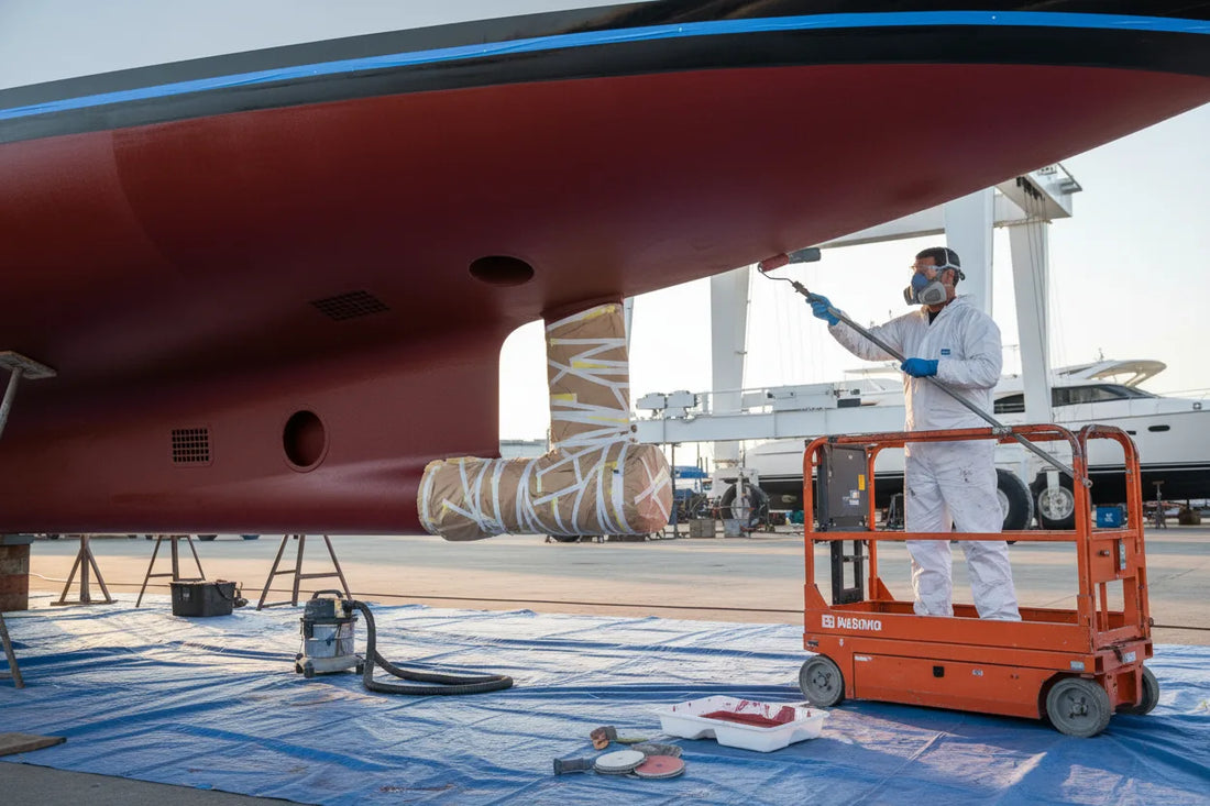 Applicator in coveralls and respirator rolling antifouling onto a yacht hull on stands in a boatyard