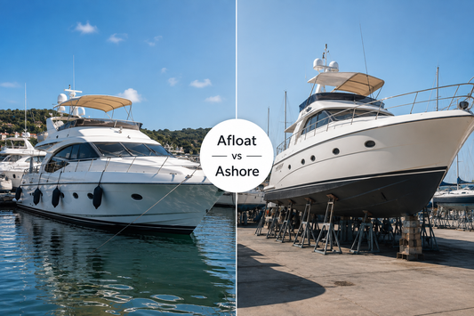 Side-by-side comparison of a yacht berthed afloat in a marina and the same class of vessel ashore on stands in a boatyard