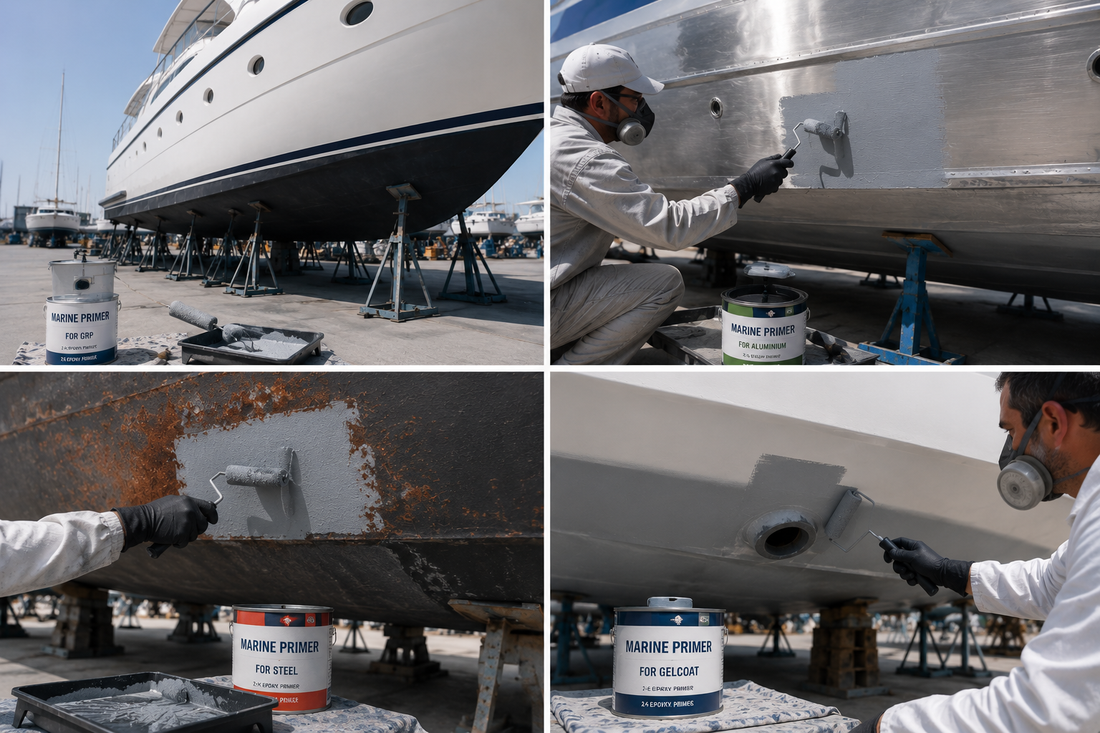 Four marine substrate panels labelled GRP, aluminium, steel and bare gelcoat, each half primed, with primer tins and rollers below