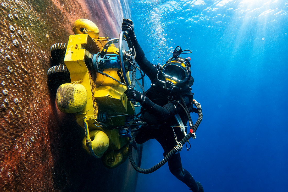 Commercial diver in surface-supplied helmet operating a brush-cart hull cleaning unit against a fouled hull underwater
