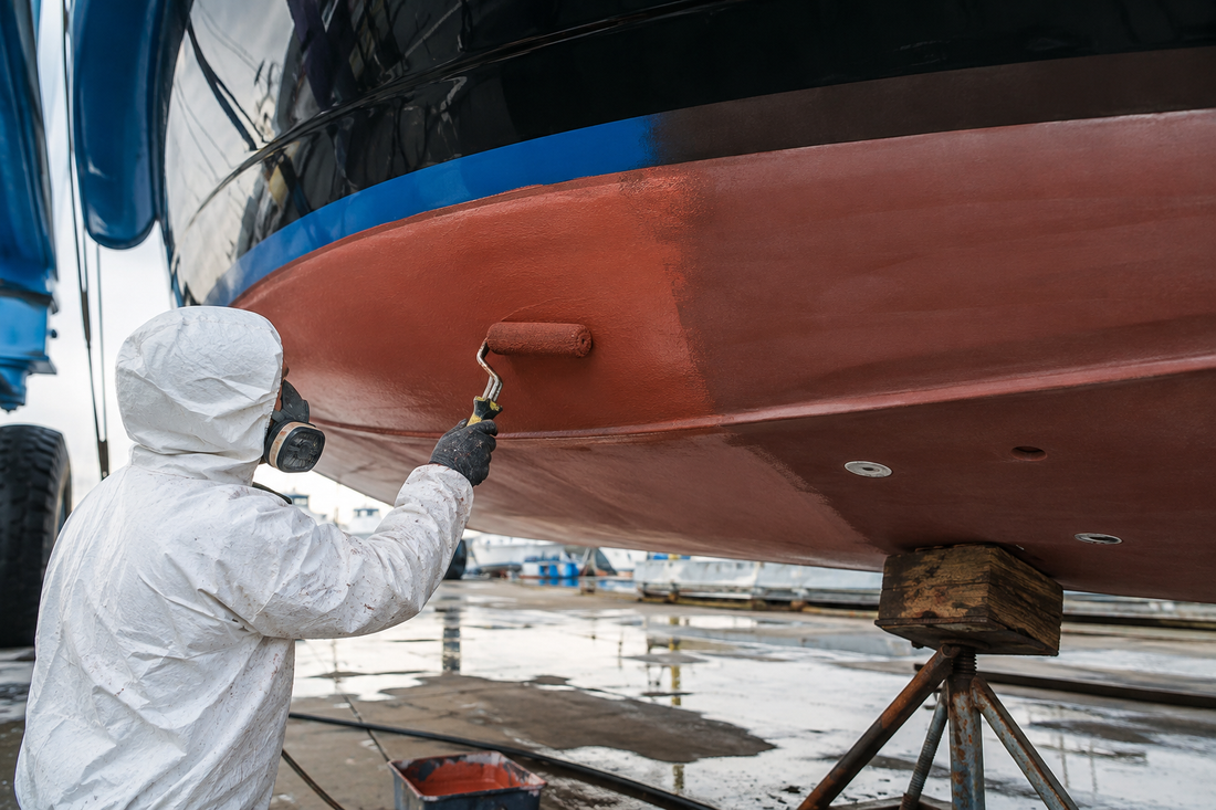 Worker in protective coveralls and respirator applying red antifouling paint with a roller to a yacht hull supported on stands in a boatyard