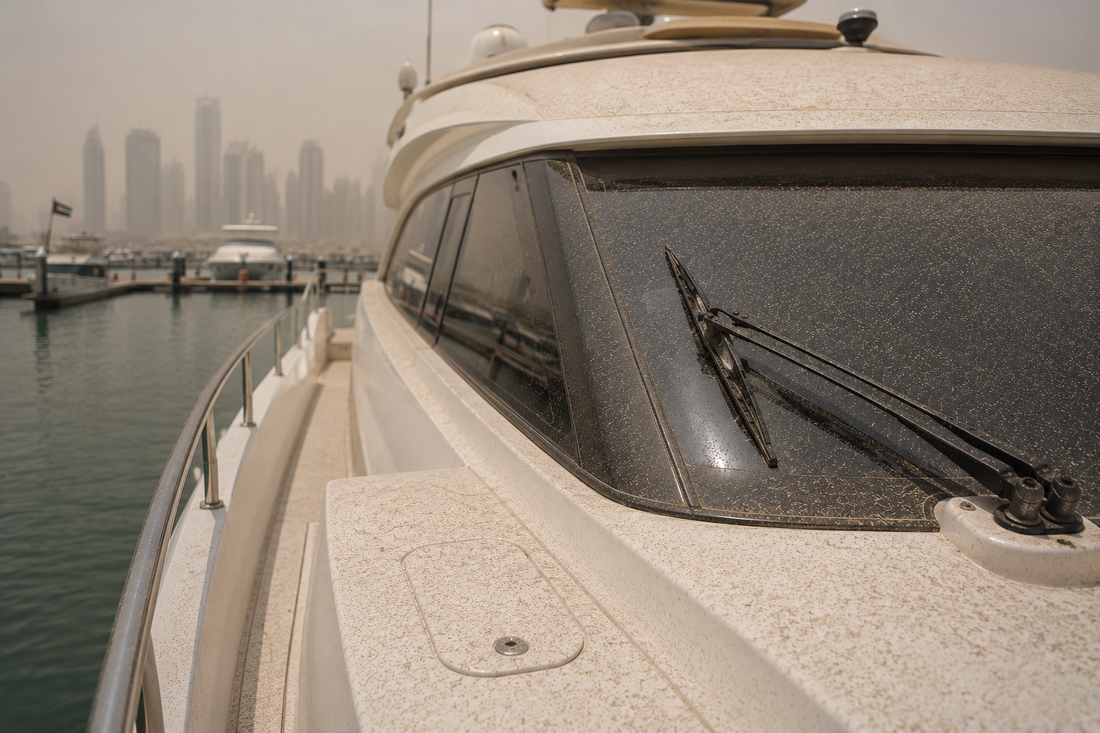 Fine shamal dust settled across the foredeck and windscreen of a yacht berthed in Dubai, with the marina towers hazy behind