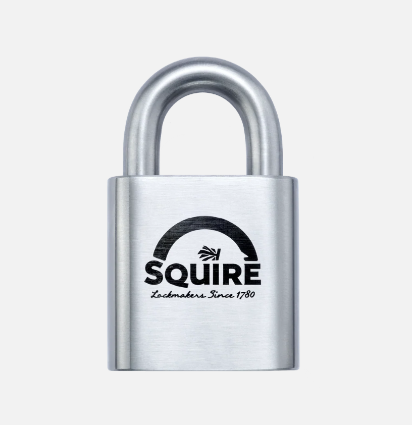 Squire ST65S 65mm Stronghold open shackle stainless steel marine padlock, detail view