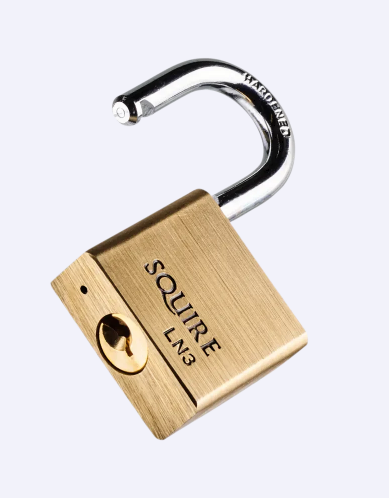 Squire LN3S 30mm premium brass marine padlock with stainless steel shackle, close-up