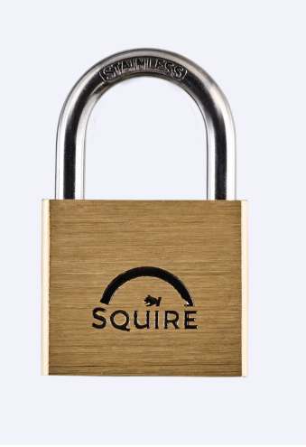 Squire LN4S 40mm premium brass marine padlock with stainless steel shackle, close-up