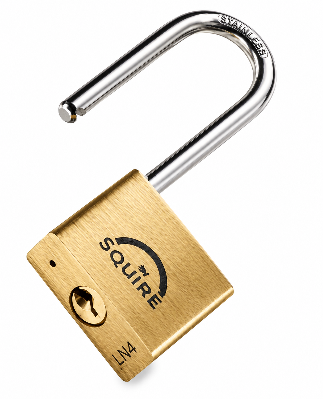 Squire LN4S/2.5 long shackle brass marine padlock with 2.5 inch stainless steel shackle, detail view