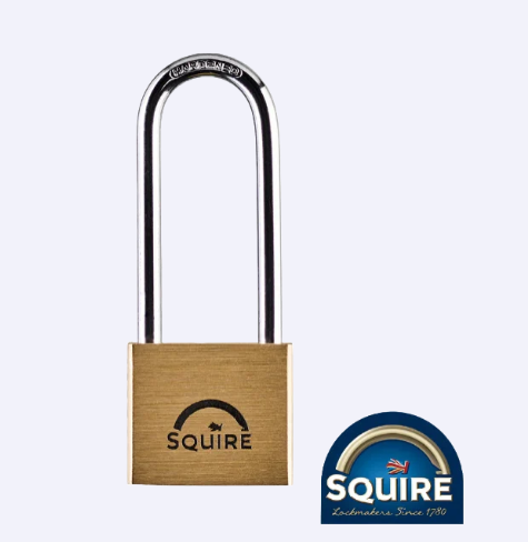 Squire LN4S/2.5 long shackle brass marine padlock with 2.5 inch stainless steel shackle, close-up