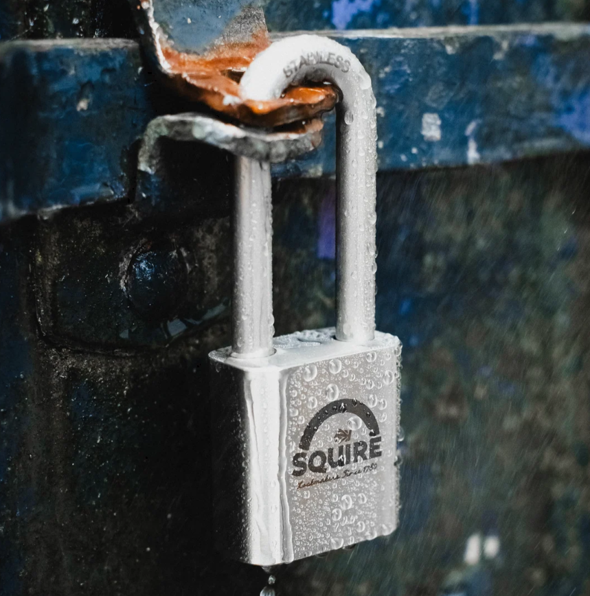 Squire ST50S/2.5 long shackle stainless steel marine padlock with 63mm shackle, close-up