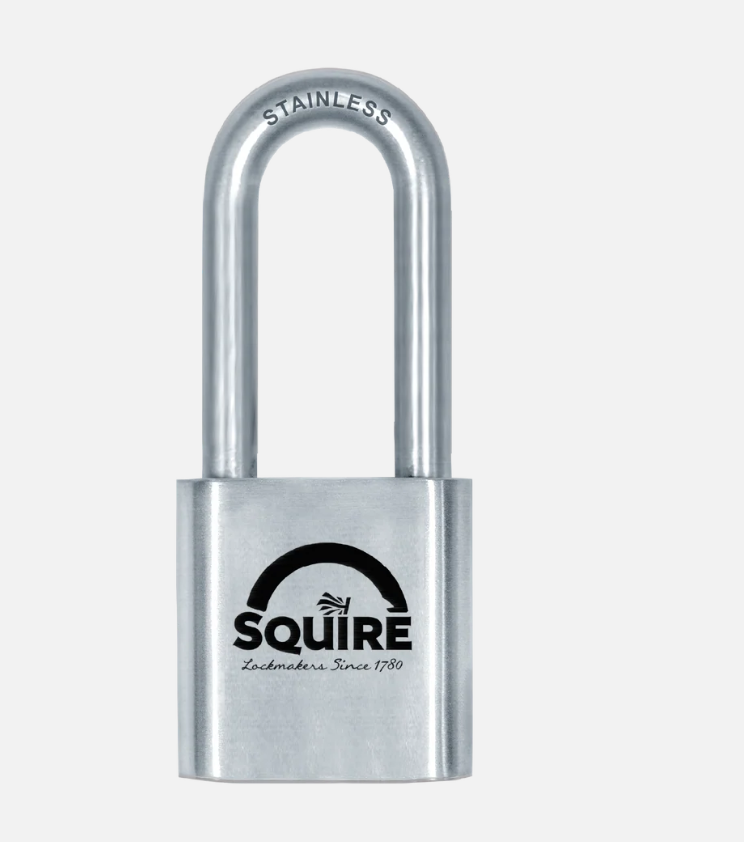 Squire ST50S/2.5 long shackle stainless steel marine padlock with 63mm shackle, detail view