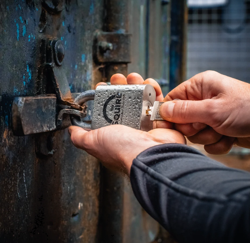 Squire ST65S 65mm Stronghold open shackle stainless steel marine padlock, close-up