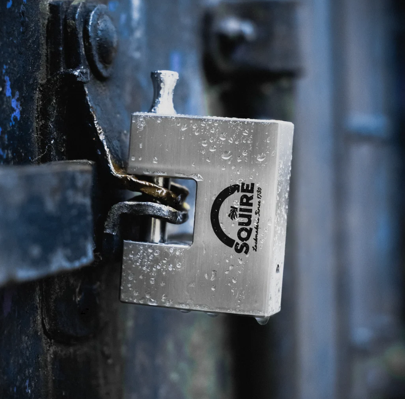 Squire ST75S 75mm stainless steel container padlock, close-up of shackle and body