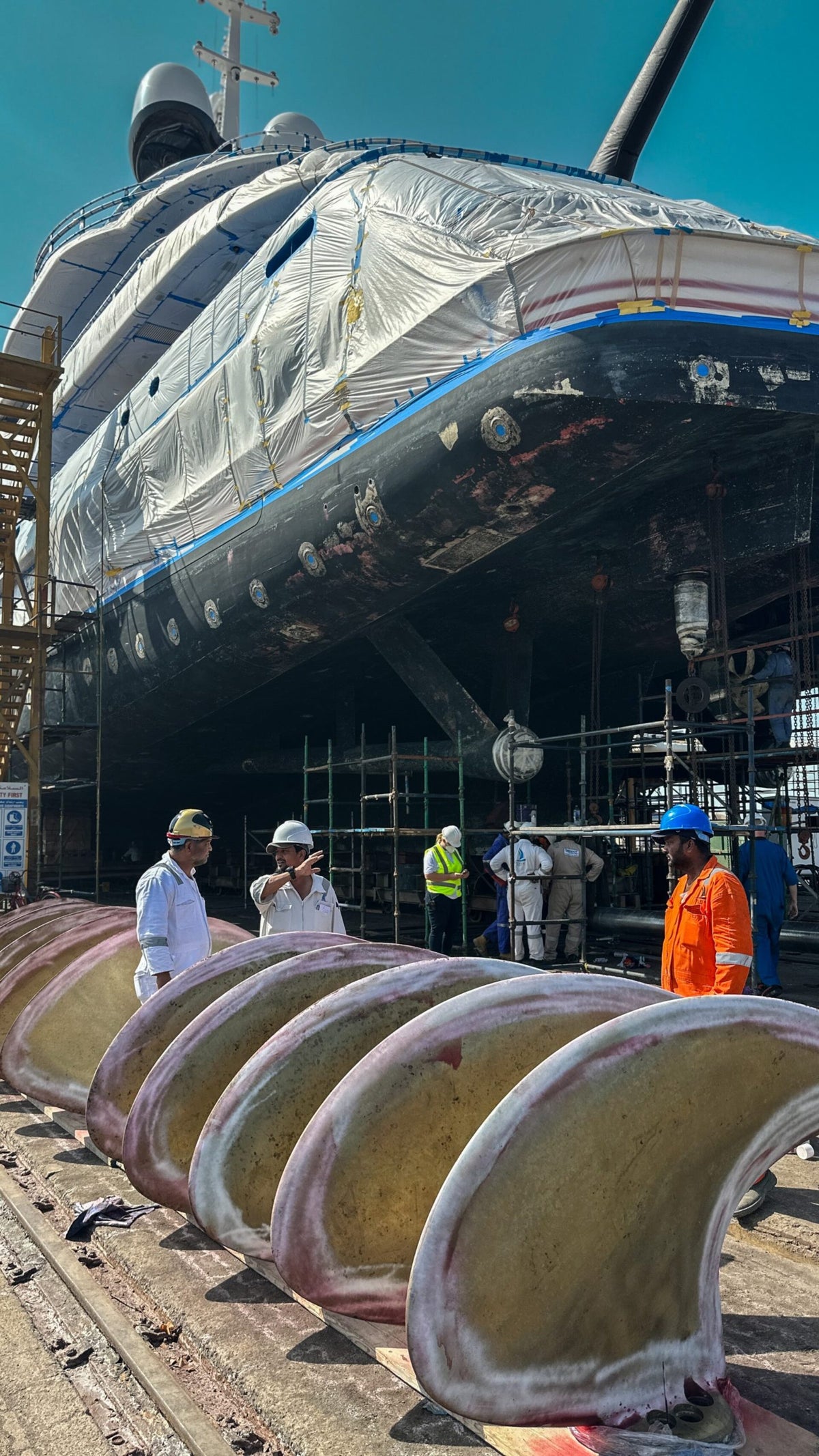 Yacht undergoing hull work and docking preparation, from Silver Yachts’ official website