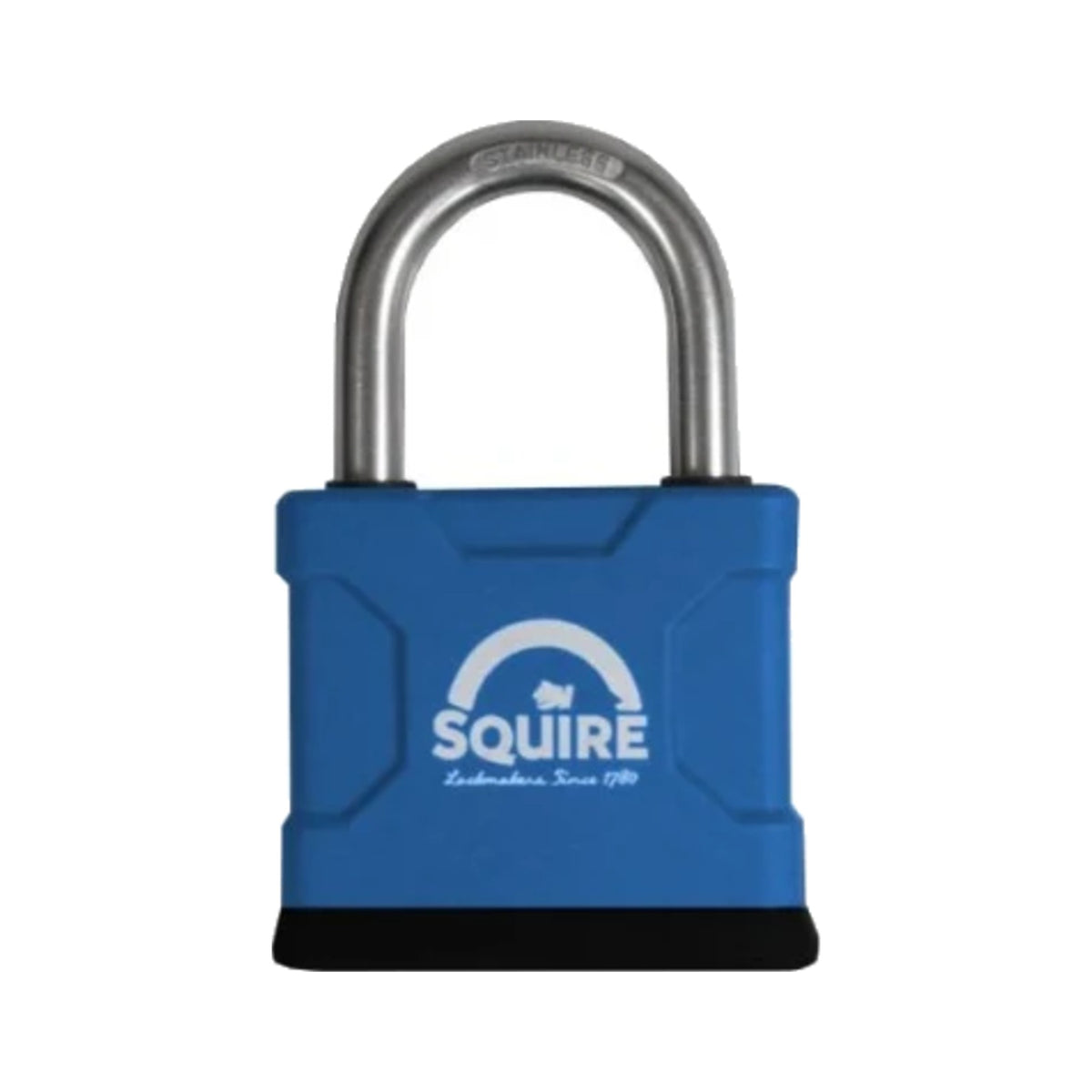 Squire ATL42SM 40mm All Terrain brass padlock with stainless steel shackle and key cover, on a white background