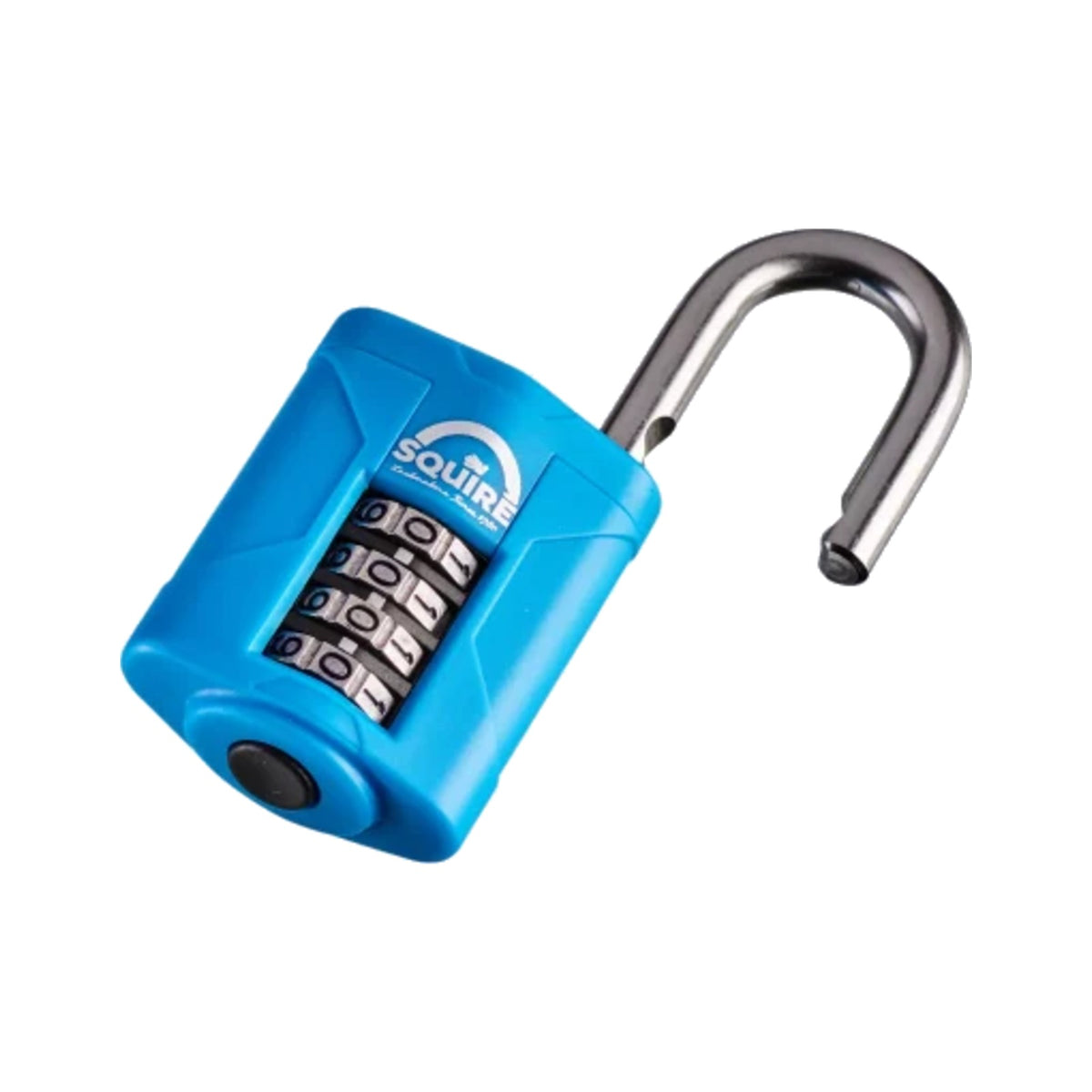 Squire CP40S 40mm rustproof 4-wheel combination padlock with stainless steel shackle, on a white background