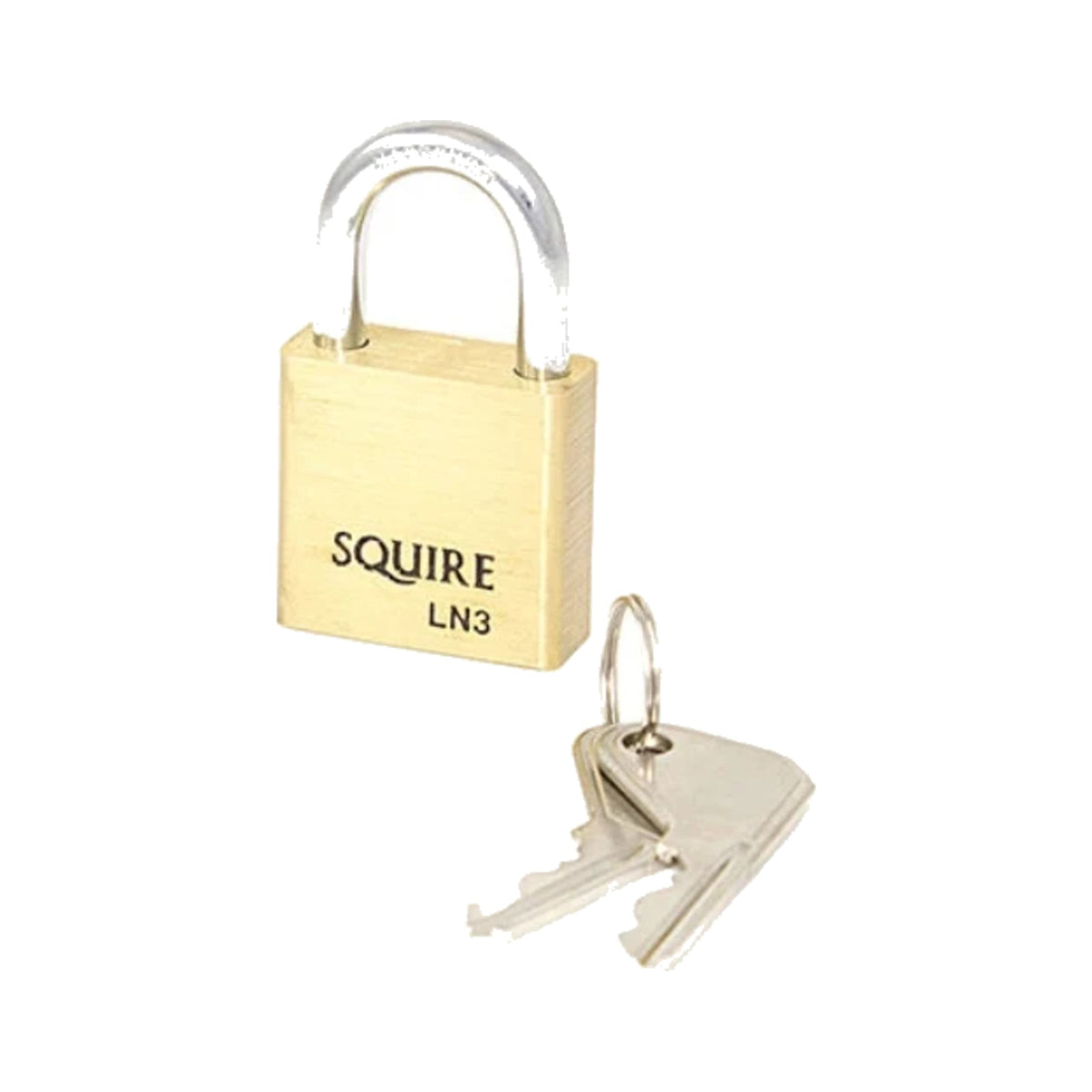 Squire LN3S 30mm brass marine padlock with stainless steel shackle and keys, on a white background