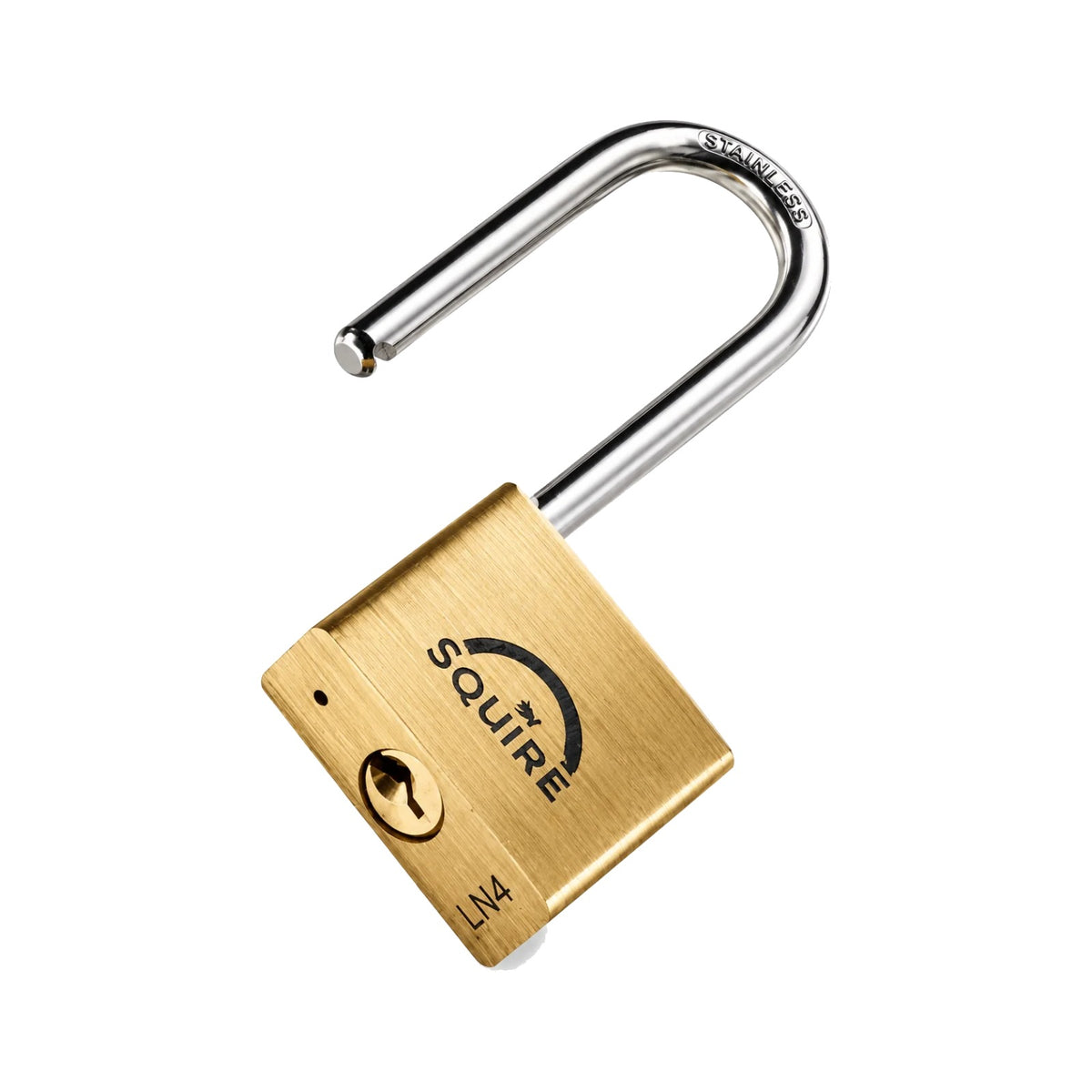 Squire LN4S/2.5 long shackle brass marine padlock 40mm with stainless steel shackle, on a white background