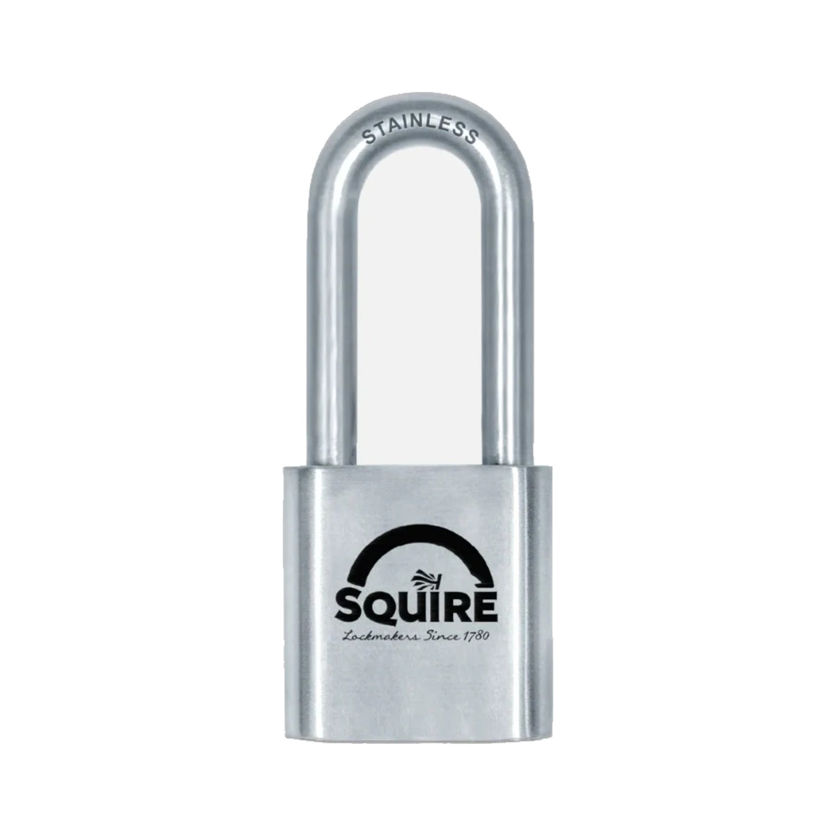 Squire ST50S/2.5 long shackle stainless steel marine padlock with 63mm shackle, on a white background